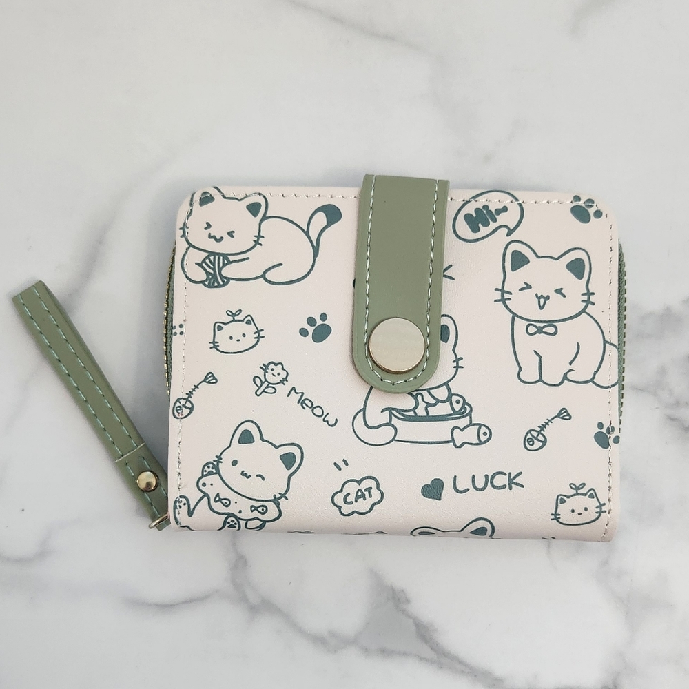 Whimsical Cat Print Mini Wallet Green & White PU Leather • Wristlet Card Hol - Picture 3 of 15